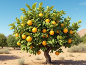 Realistic depiction of a citrus tree in Arizona with visible signs of Citrus Leafminer infestation, including silvery trails on curled leaves.