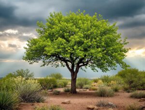 Beautiful healthy tree in an Arizona desert landscape after rain, with fresh green leaves and dramatic sky