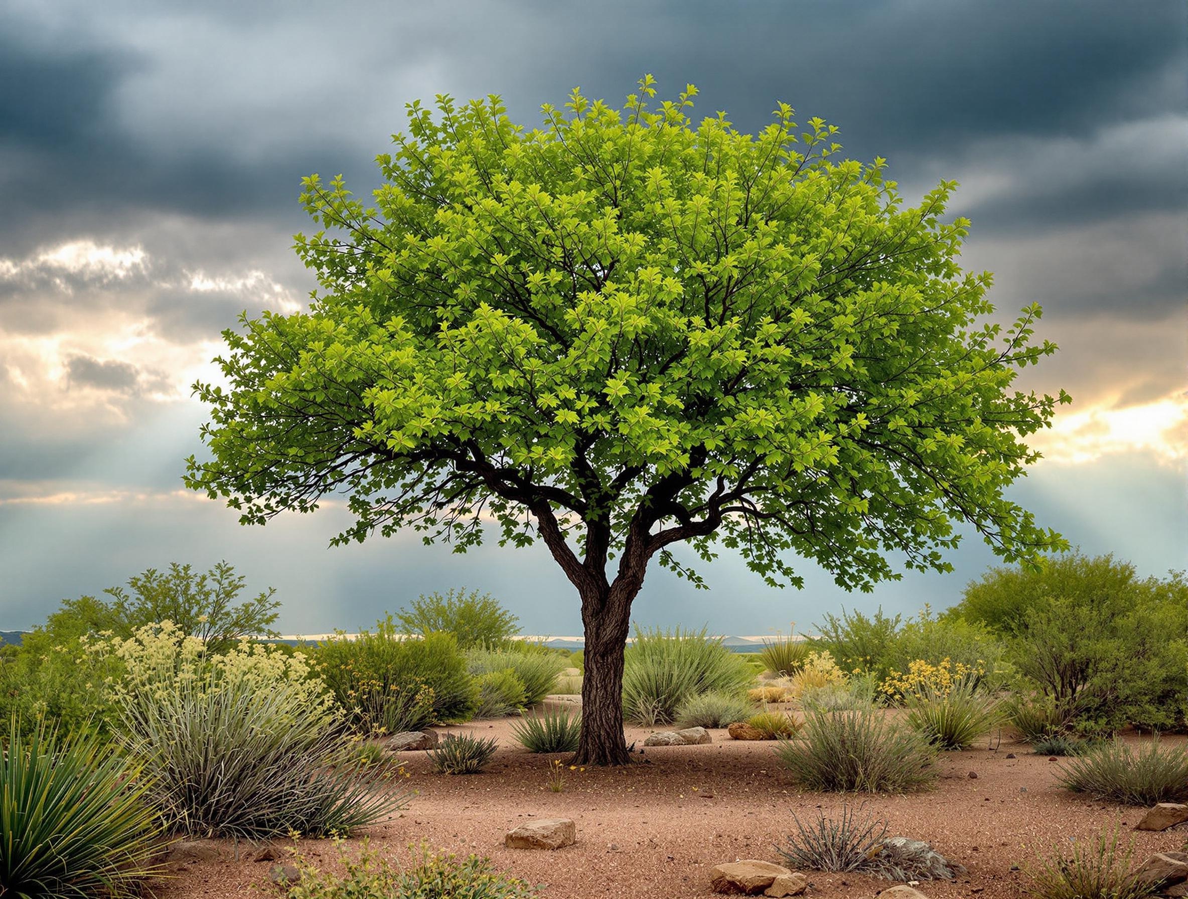 Beautiful healthy tree in an Arizona desert landscape after rain, with fresh green leaves and dramatic sky