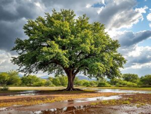 Healthy Arizona tree with lush green leaves and sturdy branches after a summer storm, wet ground and sunlight breaking through clouds