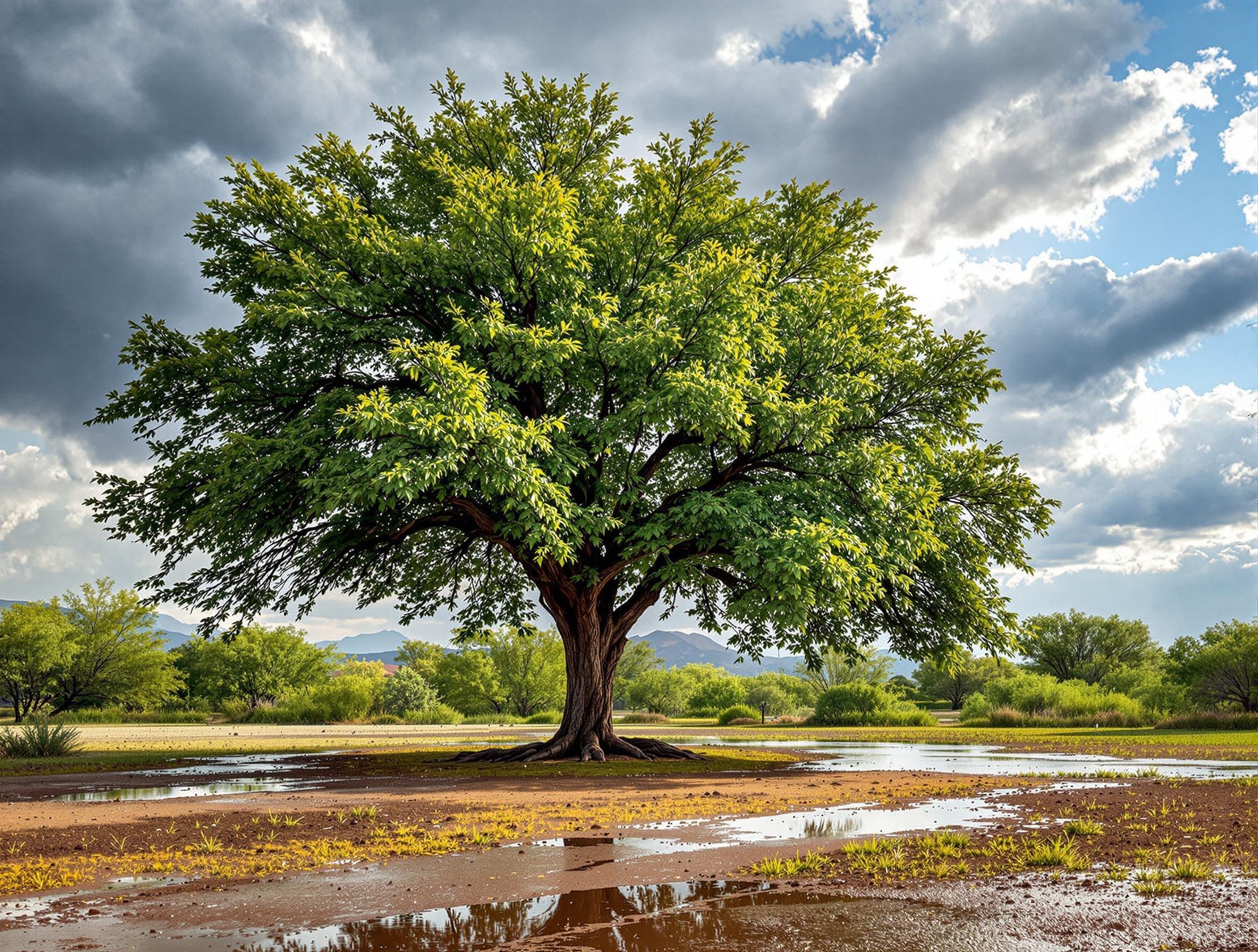 Healthy Arizona tree with lush green leaves and sturdy branches after a summer storm, wet ground and sunlight breaking through clouds