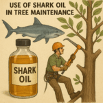 Illustration showing a bottle labeled “Shark Oil,” an arborist pruning a tree, and a shark symbolizing the product source.