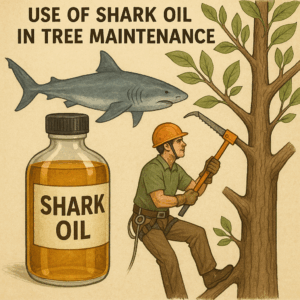 Illustration showing a bottle labeled “Shark Oil,” an arborist pruning a tree, and a shark symbolizing the product source.