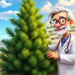 Wise older Tree Doctor cartoon in lab coat inspecting a healthy pine tree with Branch Management Tree Service sign and phone number in Arizona desert