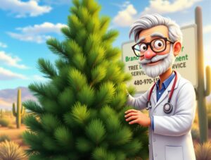 Wise older Tree Doctor cartoon in lab coat inspecting a healthy pine tree with Branch Management Tree Service sign and phone number in Arizona desert