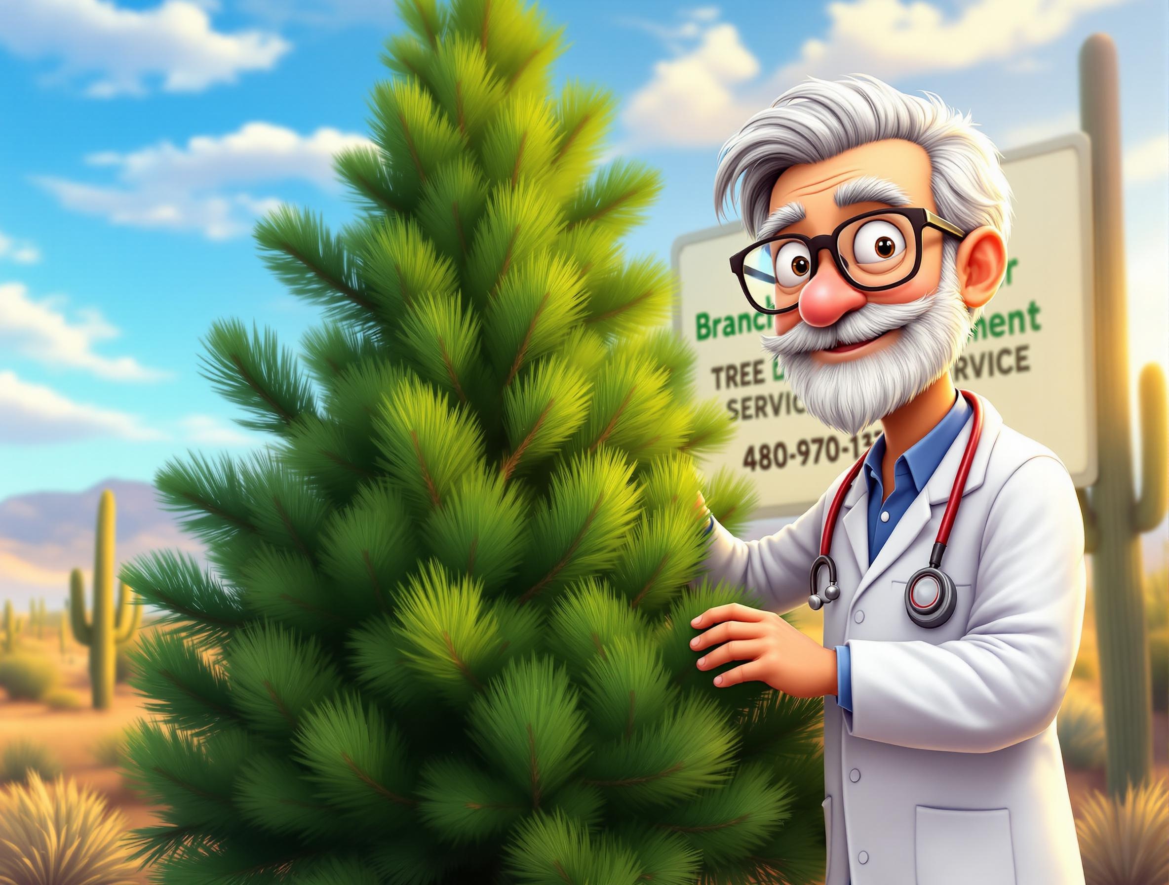 Wise older Tree Doctor cartoon in lab coat inspecting a healthy pine tree with Branch Management Tree Service sign and phone number in Arizona desert