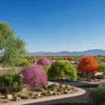 Arizona neighborhood with healthy trees in all seasons, featuring Branch Management Tree Services sign