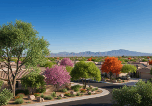 Arizona neighborhood with healthy trees in all seasons, featuring Branch Management Tree Services sign