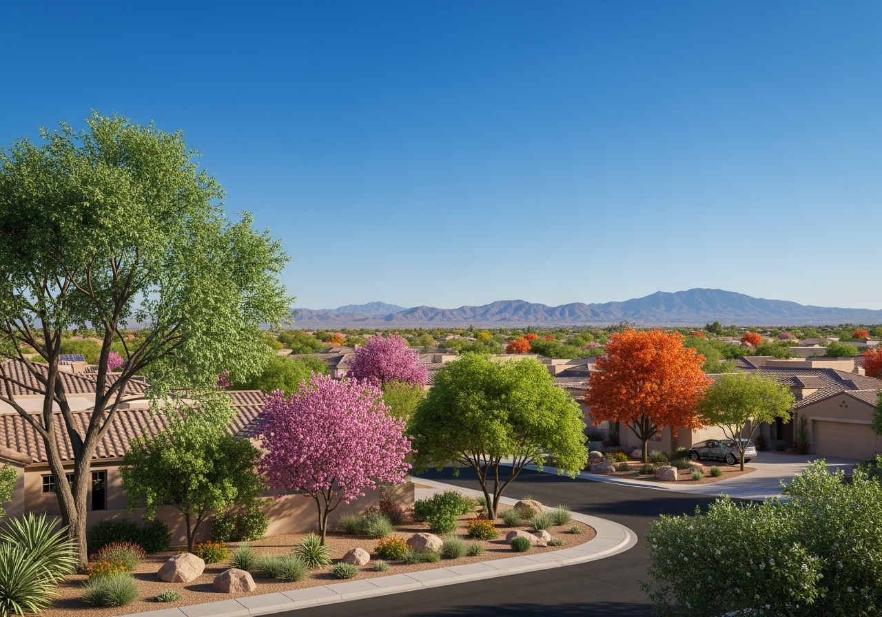 Arizona neighborhood with healthy trees in all seasons, featuring Branch Management Tree Services sign