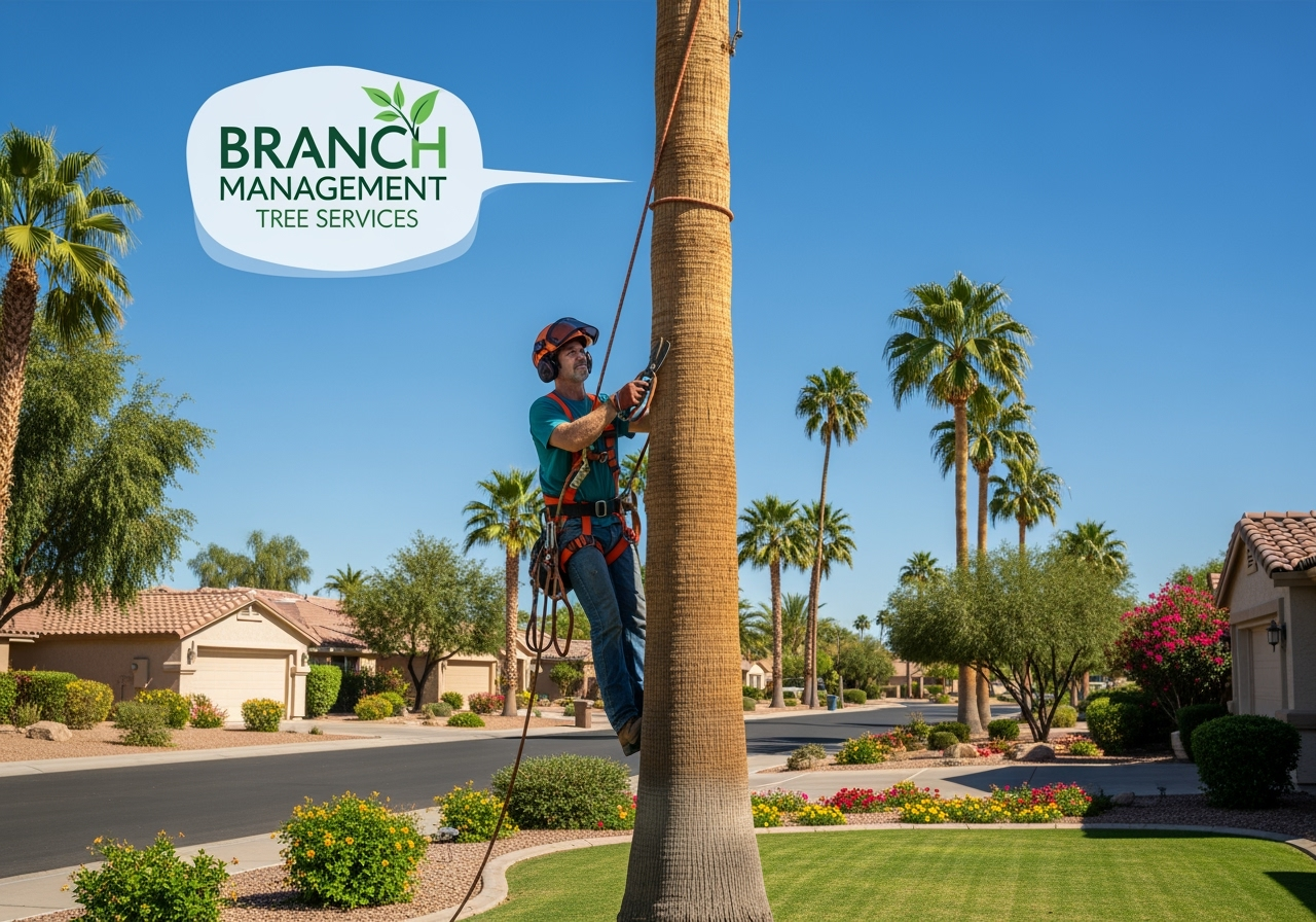 Professional arborist trimming a palm tree in Chandler, Arizona neighborhood