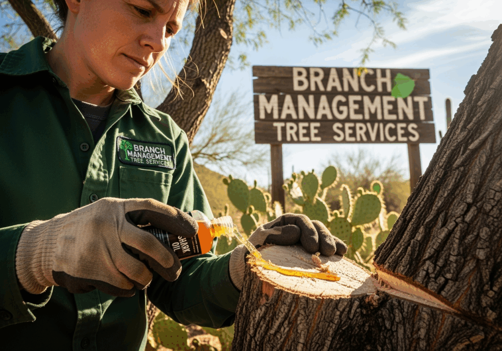 Application of Shark Oil on pruned tree wound by Branch Management Tree Services