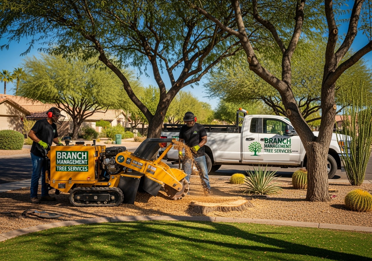 Arizona tree care team performing stump grinding in a sunny neighborhood
