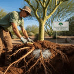 Arborist examining healthy tree roots and soil in Arizona