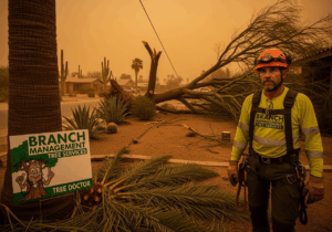 Arborist assessing storm-damaged trees after Phoenix haboob