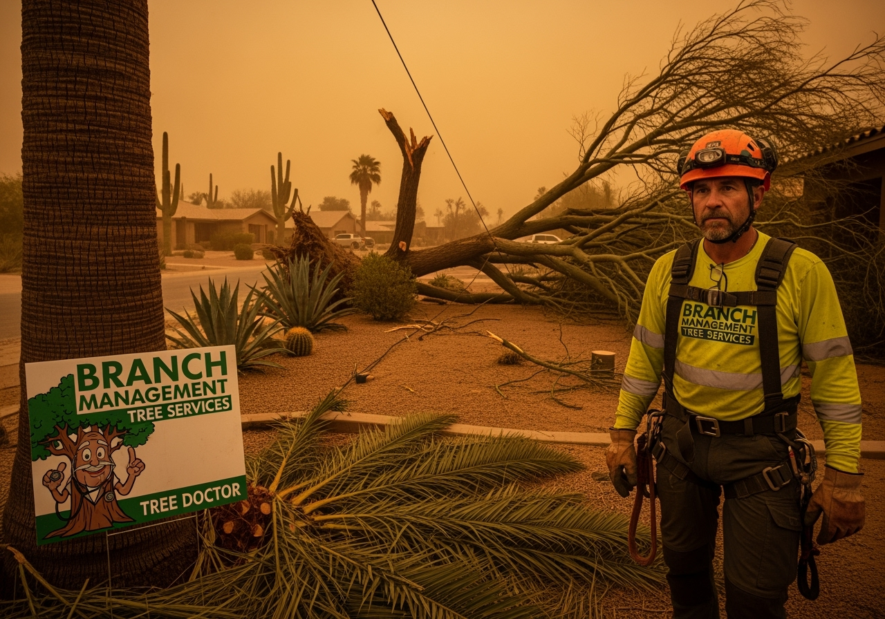 Arborist assessing storm-damaged trees after Phoenix haboob