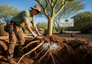 Arborist examining healthy tree roots and soil in Arizona