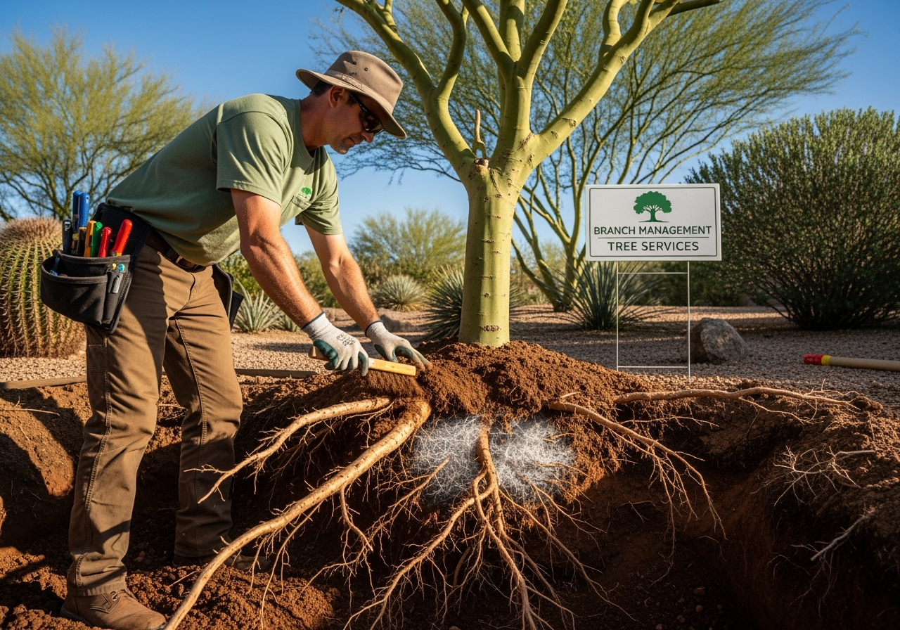 Arborist examining healthy tree roots and soil in Arizona