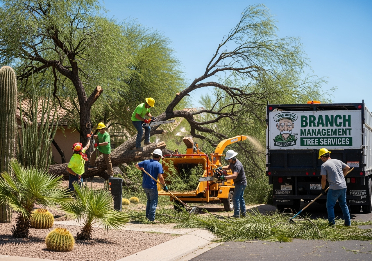 Crew removing fallen tree and storm debris after Arizona monsoon