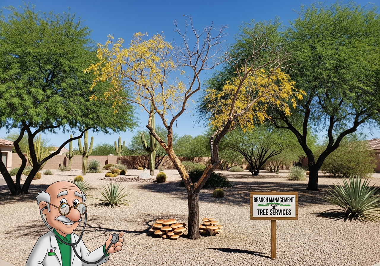 Older and wiser Tree Doctor cartoon examines diseased Arizona tree in residential yard