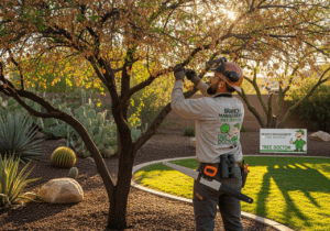 Arborist caring for heat-damaged tree in Arizona yard during fall