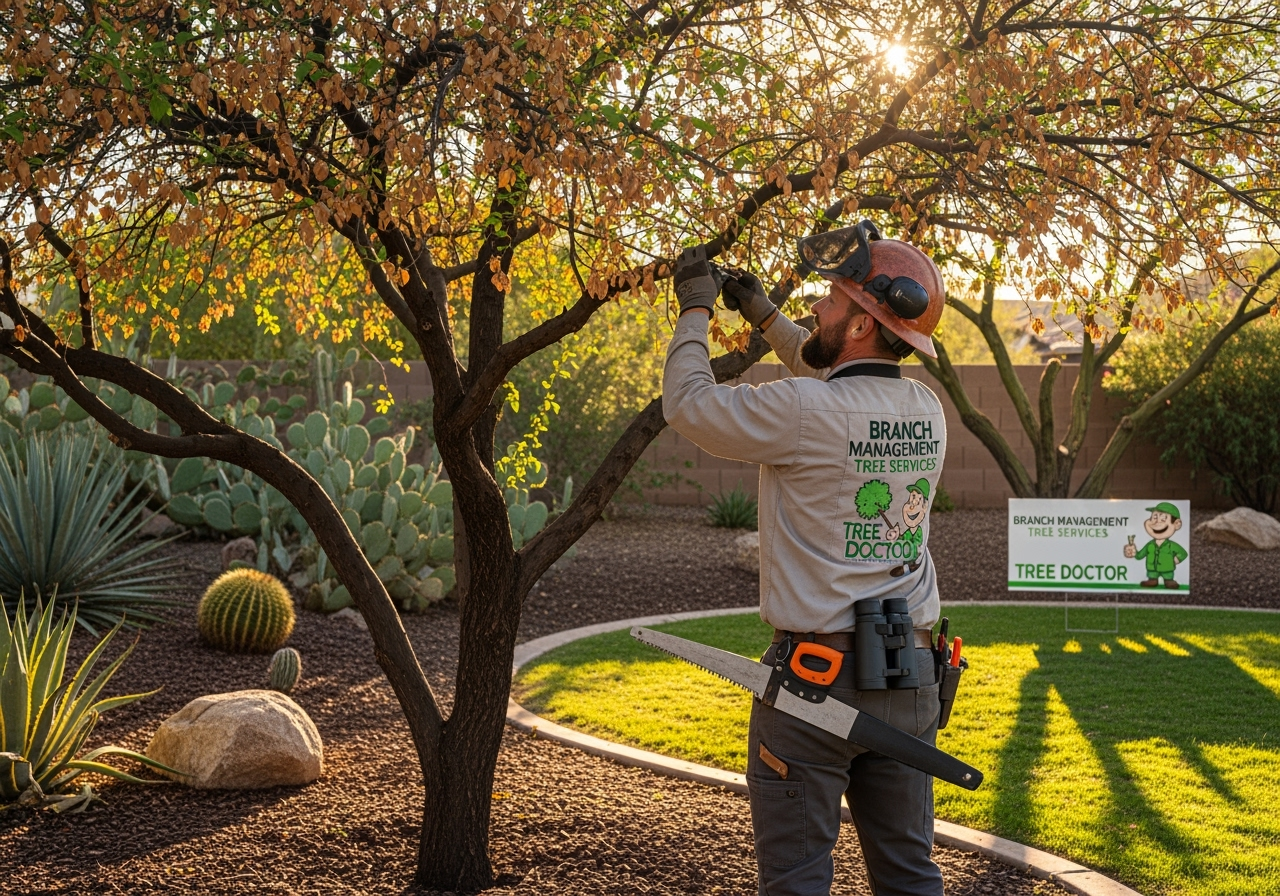 Arborist caring for heat-damaged tree in Arizona yard during fall