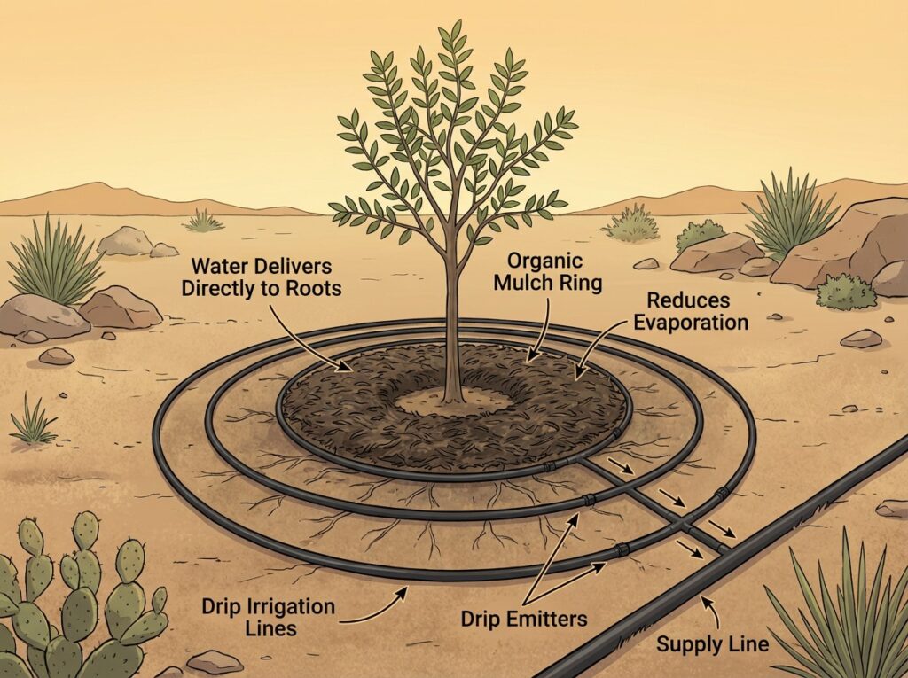 Proper drip irrigation setup around a tree base with mulch ring.