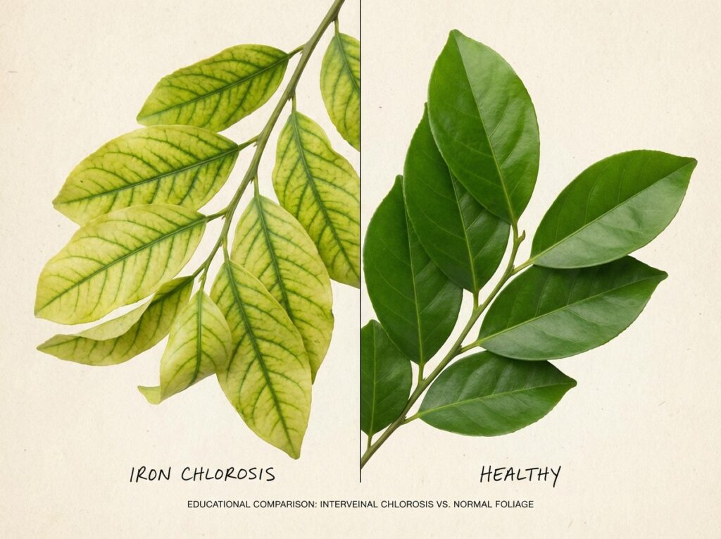 Comparison showing chlorotic tree leaves versus healthy green leaves, demonstrating iron deficiency.