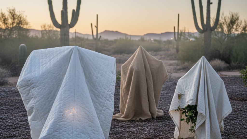 You should use breathable materials like burlap, old bedsheets, or specialized frost blankets on citrus trees.