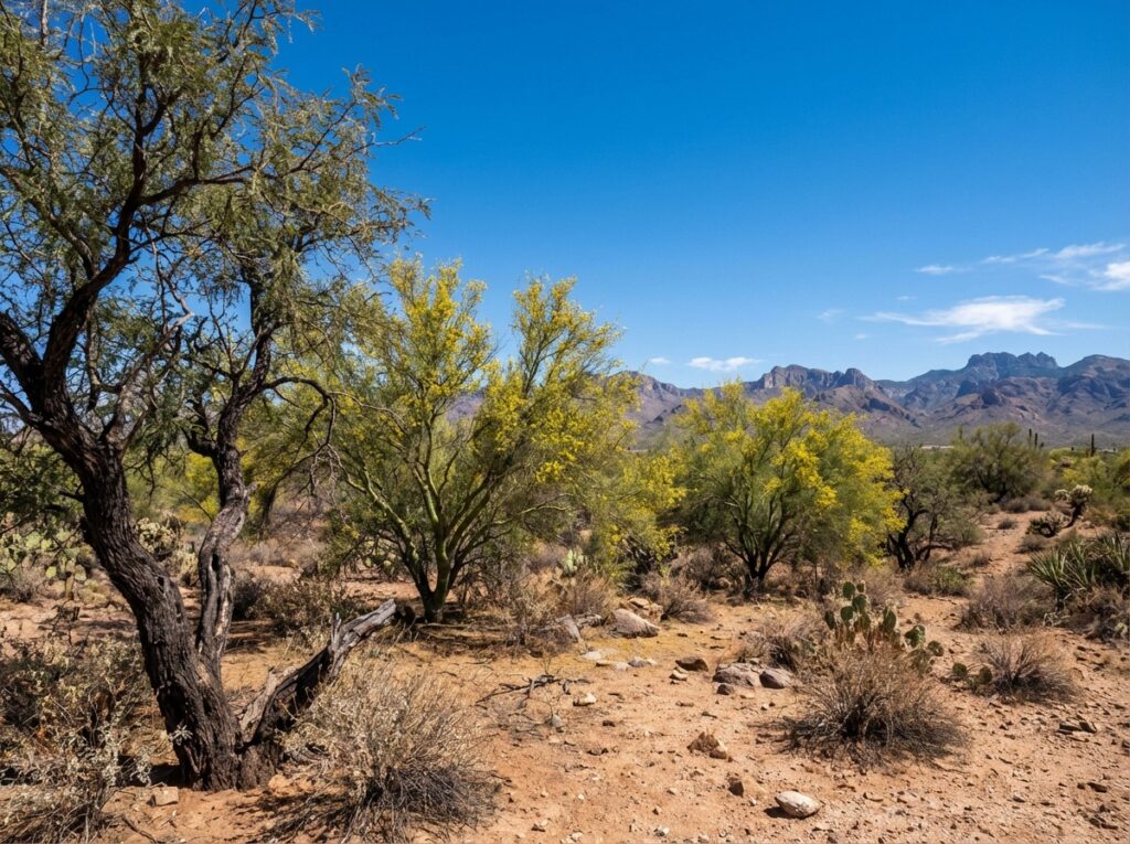 Arizona desert landscape with various native trees