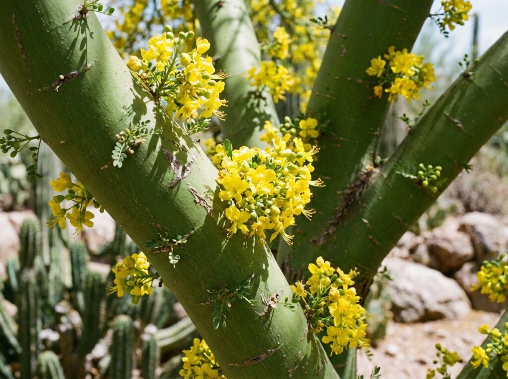 healthy palo verde tree with green bark and yellow flowers