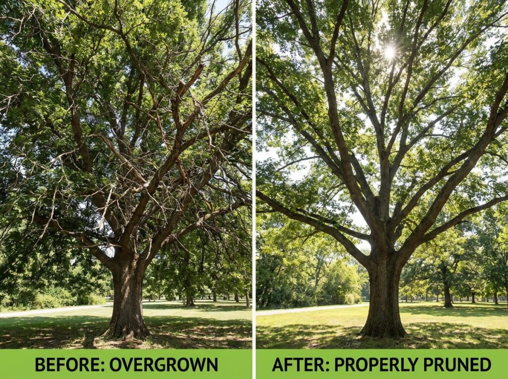 Before and after comparison of properly pruned tree showing improved structure and canopy.