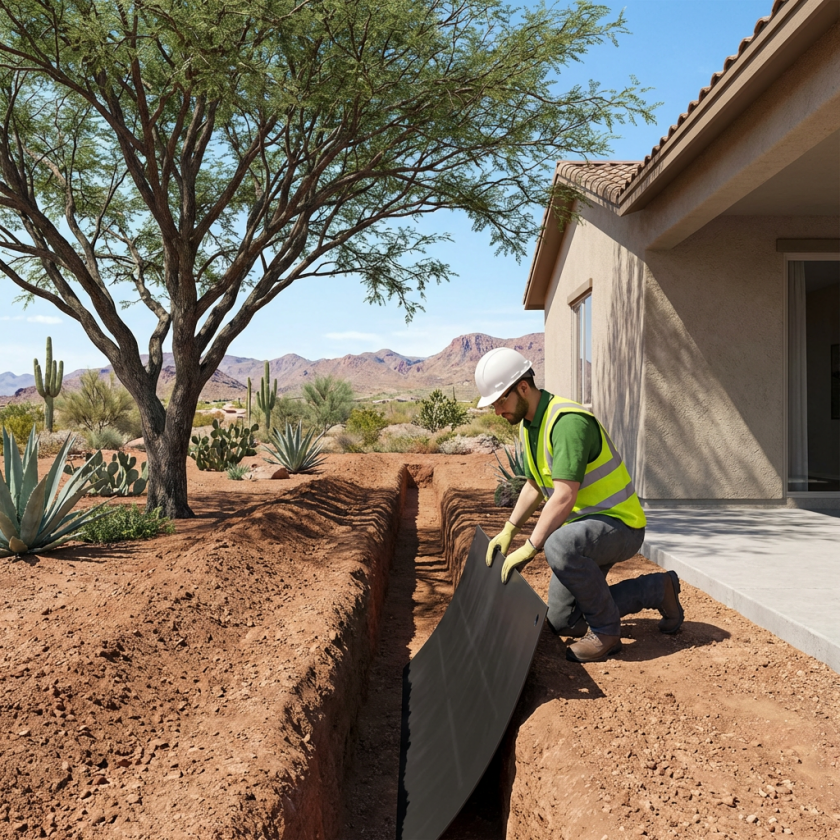 Arborist installing root barrier in trench between tree and home