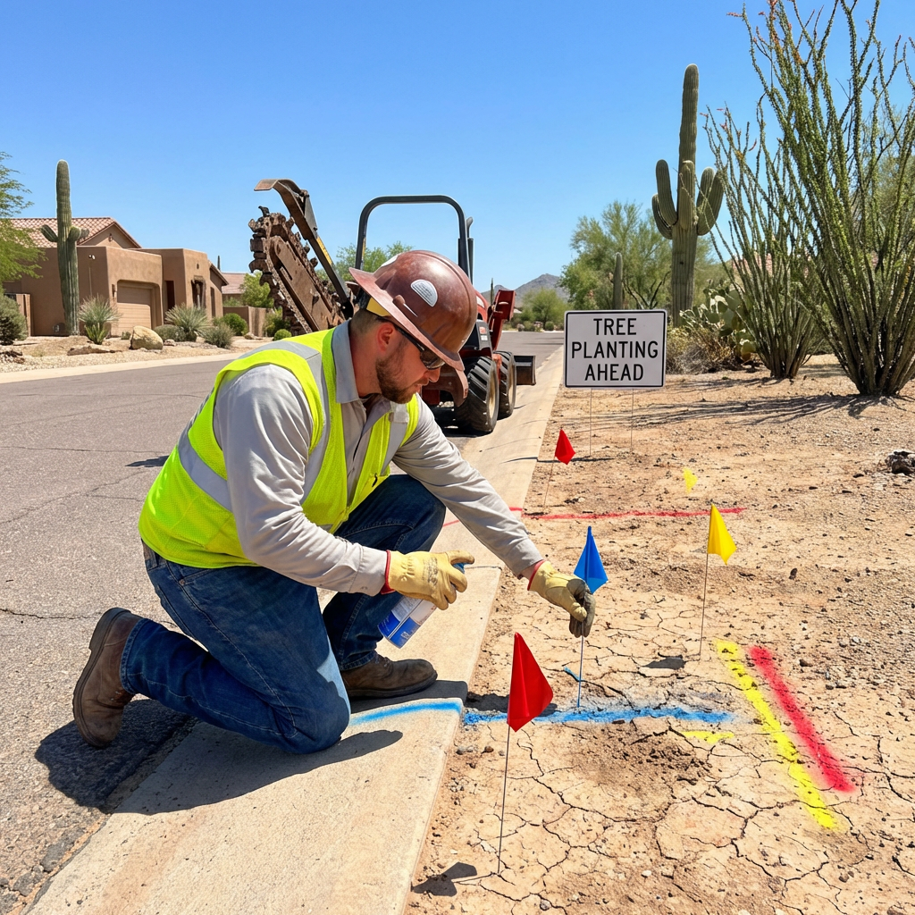 Real utility worker marking underground lines.