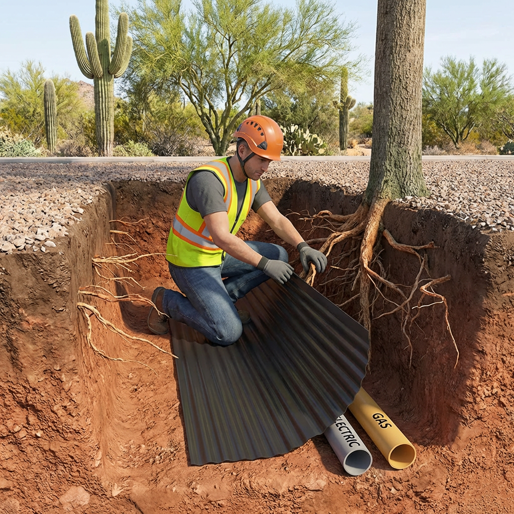 Arborist installing root barrier