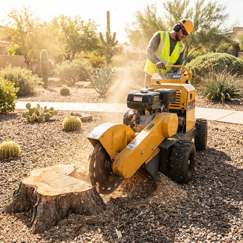 Stump grinding removes the remaining tree base below ground level.