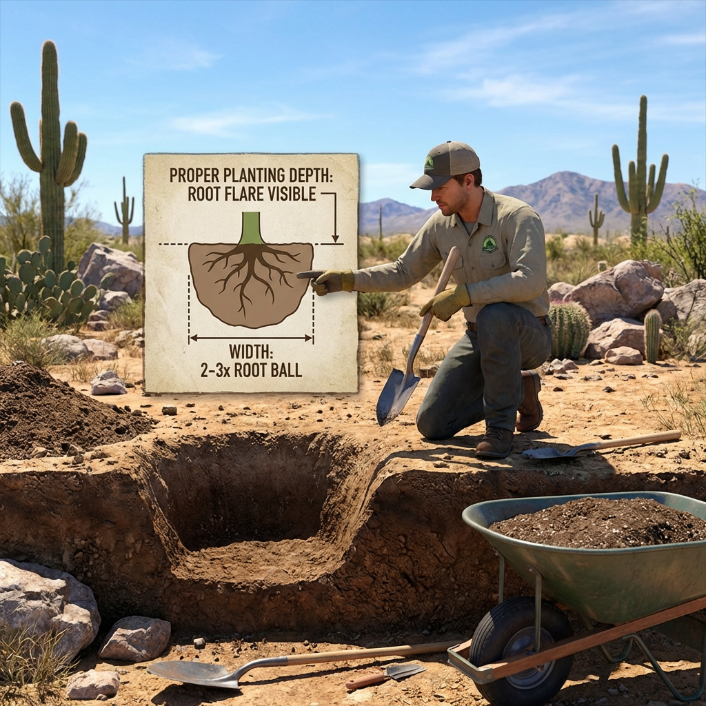 Demonstrating proper deep planting hole technique in Scottsdale.
