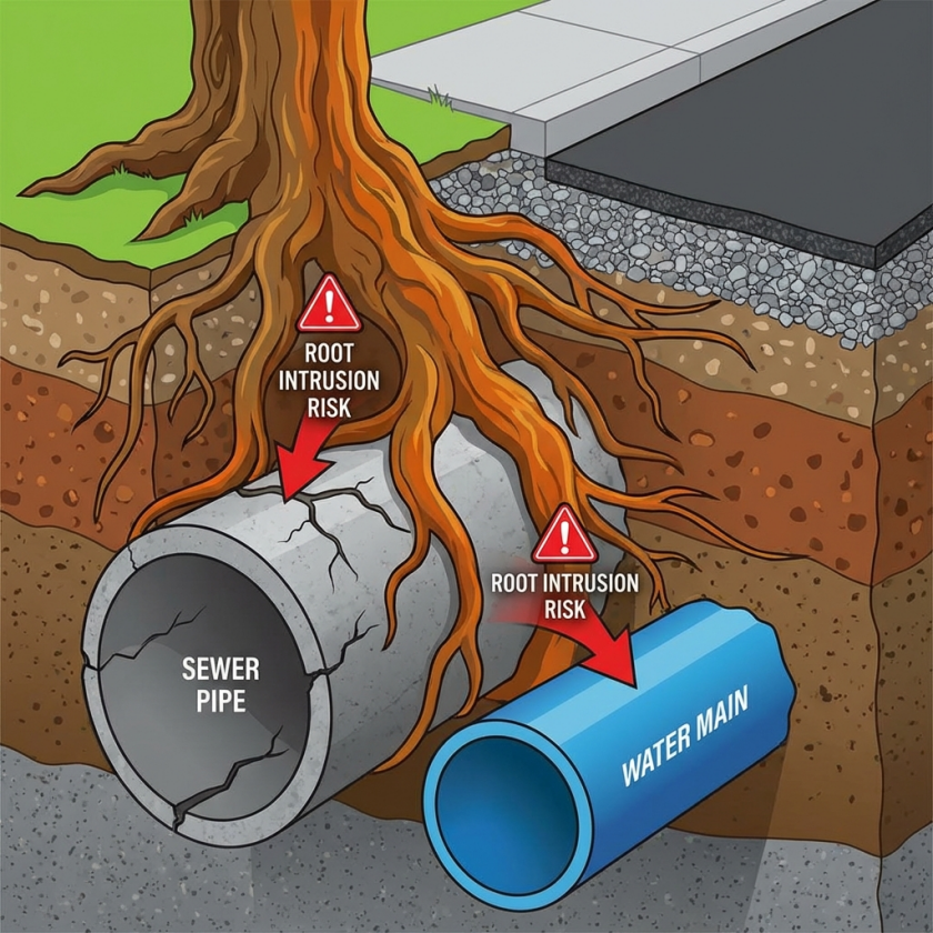 Tree roots near sewer and water pipes (utility risk)