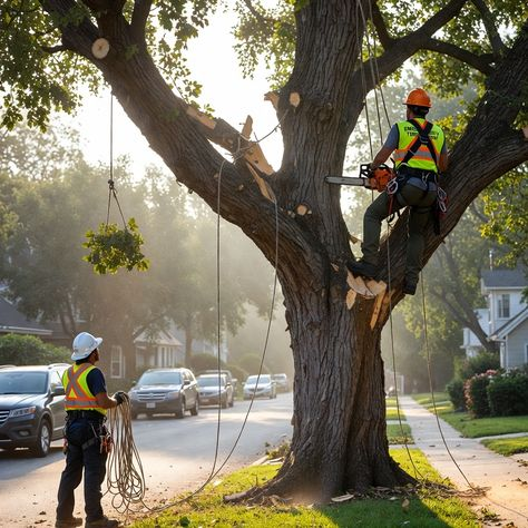Tree trimming crew in Phoenix using safety gear and ropes.